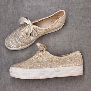 Kate Spade Keds‎ Triple KS Glitter Sneakers Cream Canvas Lace Up Platform 8.5
